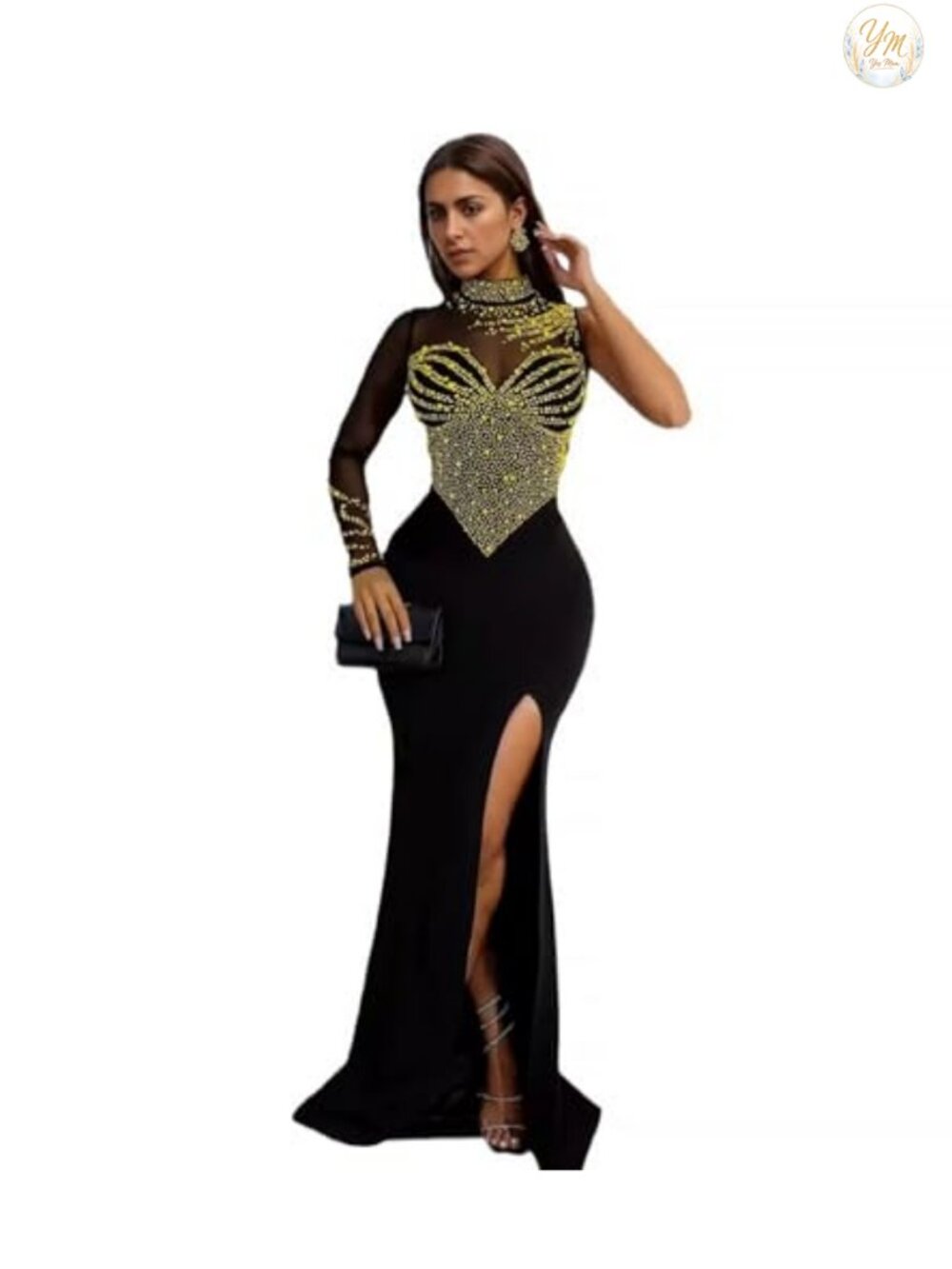 Rhinestone Bodycon Dress Long Sleeve Mock Neck Clubwear Party